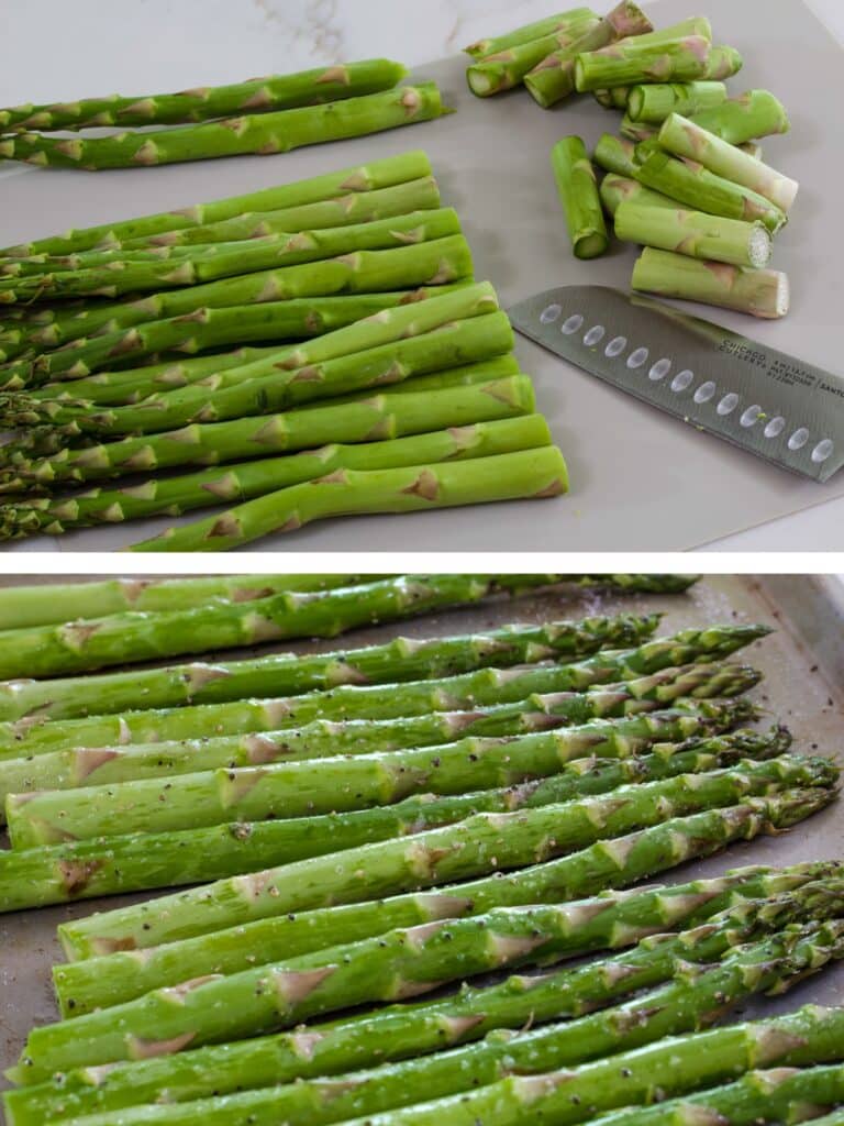A collage of two images, the cut asparagus on the top and the asparagus ready to go into the oven on the bottom.