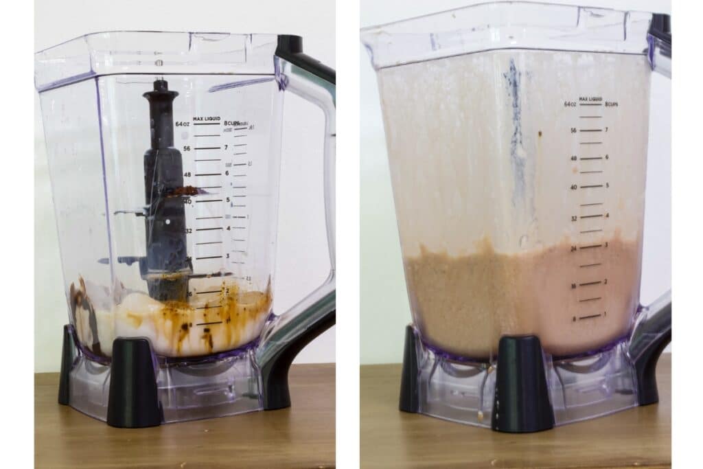 The ingredients for one mocha frappuccino in a blender pitcher, not mixed on the left and mixed on the right.
