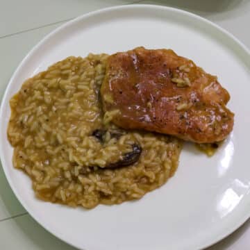 Feature image of one pork chop and serving of rice on a white plate.