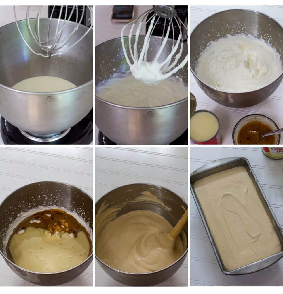 A collage of 6 images showing 3 stages of the cream being whipped, 2 stages of the milk and coffee being mixed in and the finished ice cream in a loaf pan ready to go into the freezer.