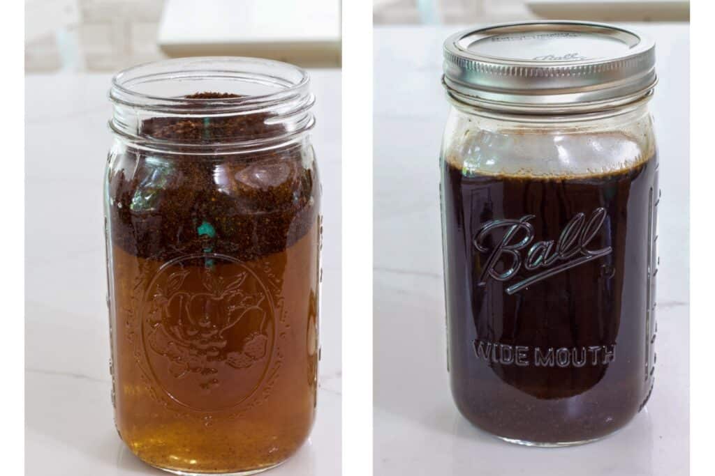 A large mason jar with the water and coffee grounds not mixed on the left and mixed on the right.